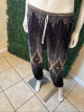 Black Beaded Drawstring Harem Pants